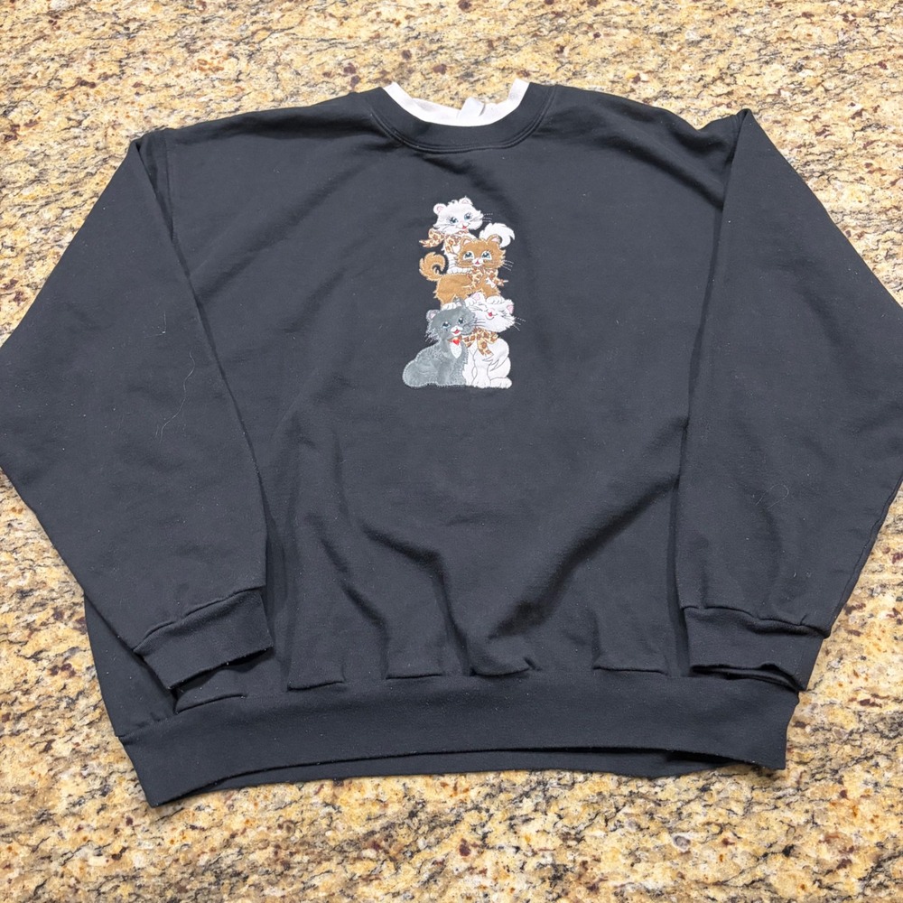 Morning Sun Black Embroidered Kitten Cat Stack Sweatshirt Mock 2XL Vintage v